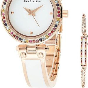 ANNE KLEIN Women's Quartz Rose Gold Premium Crystal Accented Watch Bracelet SET